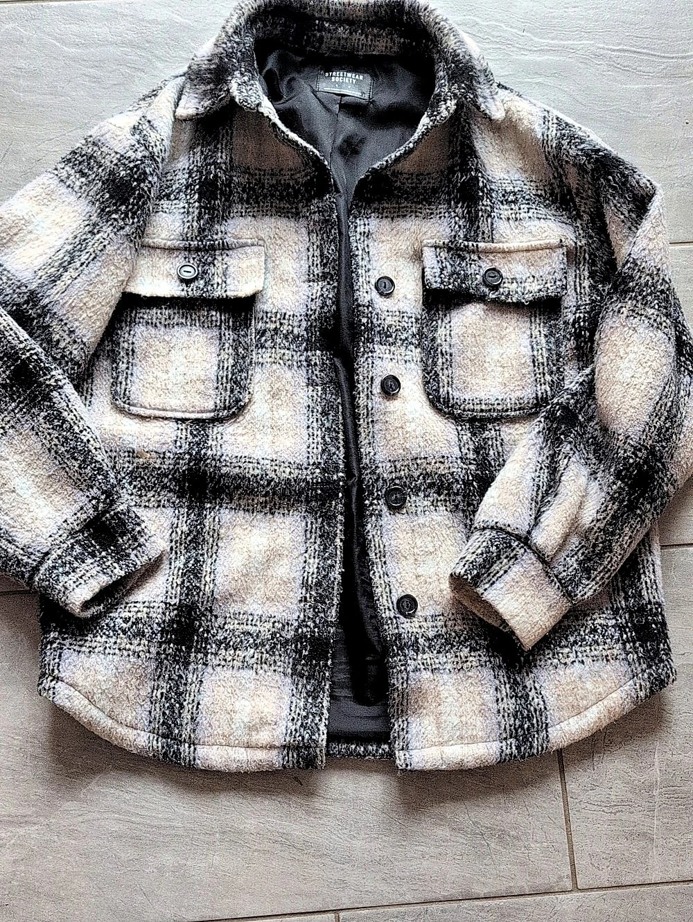 One week Listing. Womens
.Streetwear Society Plaid Teddy Jacket in Gray & Black